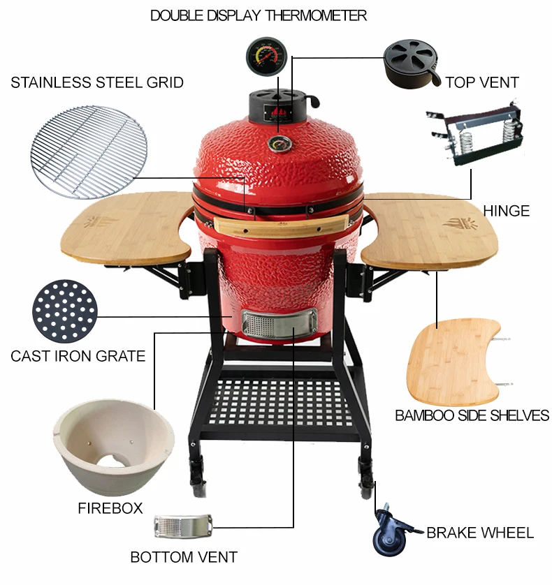 18inch  Modern Ceramic Kamado Grill Porcelain Enamel Finish Square Tube Cast Iron Stands Trolley for