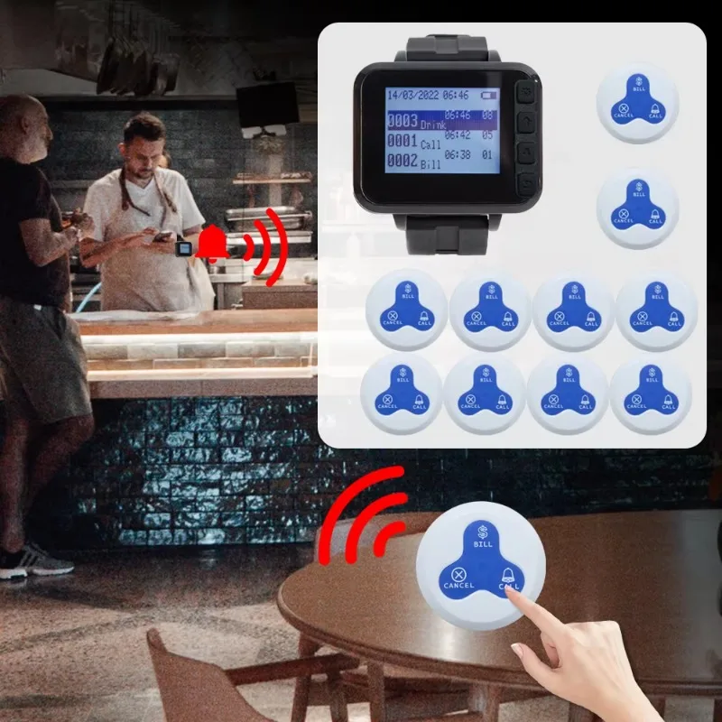 Cercapersone da polso per orologio con sistema di chiamata wireless per ristorante di alta qualità con campanello di vibrazione per cicalino da tavolo impermeabile da 10 pezzi a 3 tasti