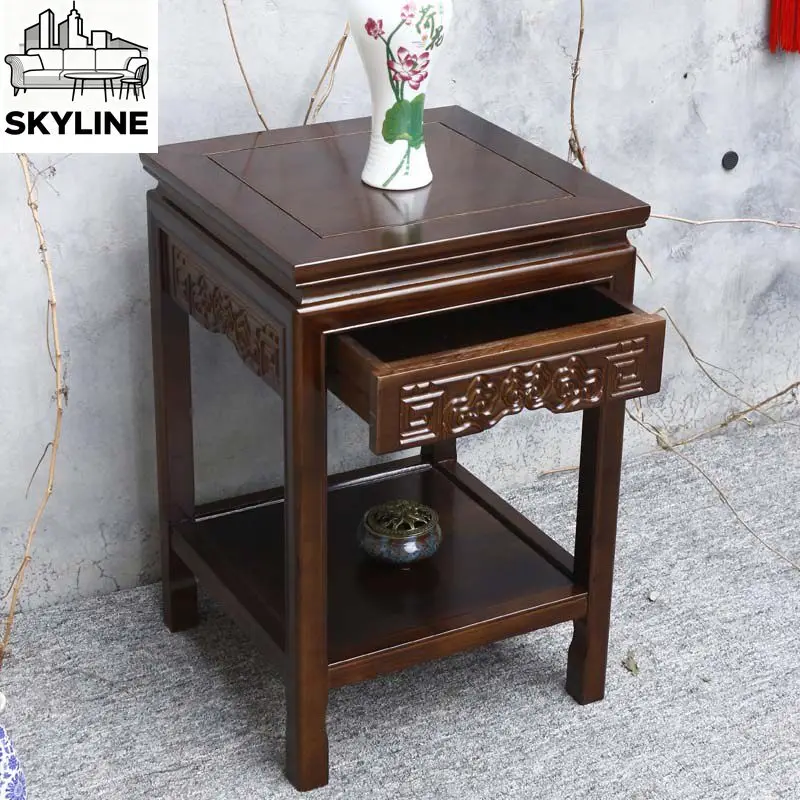 Chinese Simple Solid Wood Edge Square Side Table, Mini Coffee Corner Table for Living Room Sofa Balcony