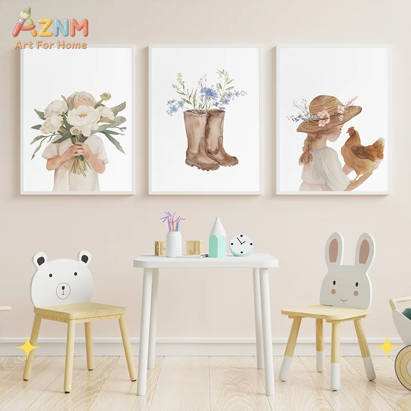 AZNM Watercolor Kids Farm Animal Floral Canvas Wall Art Hot Air Balloon Castle Sailboat Nursery Decor Poster Unframed