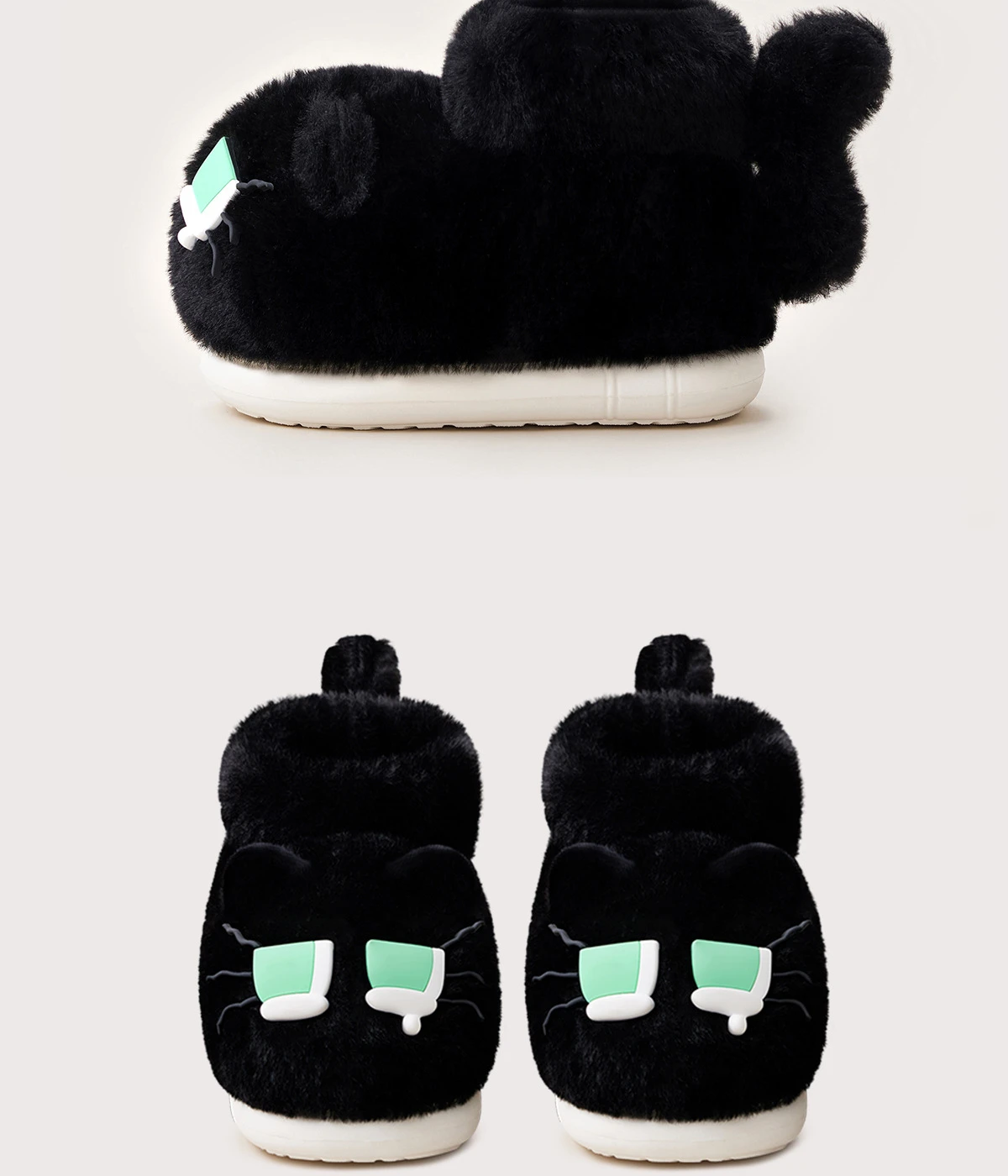 Neue Cartoon Schwarze Katzenstiefeletten für Damen, Winter Flauschige Plüschstiefel, Warme Indoor-Katzenpantoffeln, Unisex Flauschige Hausschuhe mit Schwanz – Detail 16