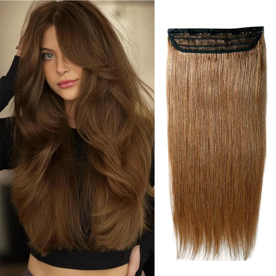 Clip in Hair Extensions One Piece 5 Clips 120g Soft Silky Straight Hair #6 Light Brown  3/4 Full Head Shaped Weft Thicker Hair