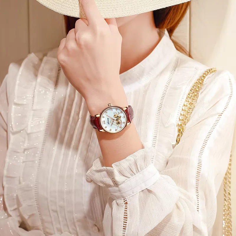 Love Luxury Skeleton Ailang Women's Rose Gold Mechanical Automatic Luminous Metal Case Lovely Wristwatch 8806A