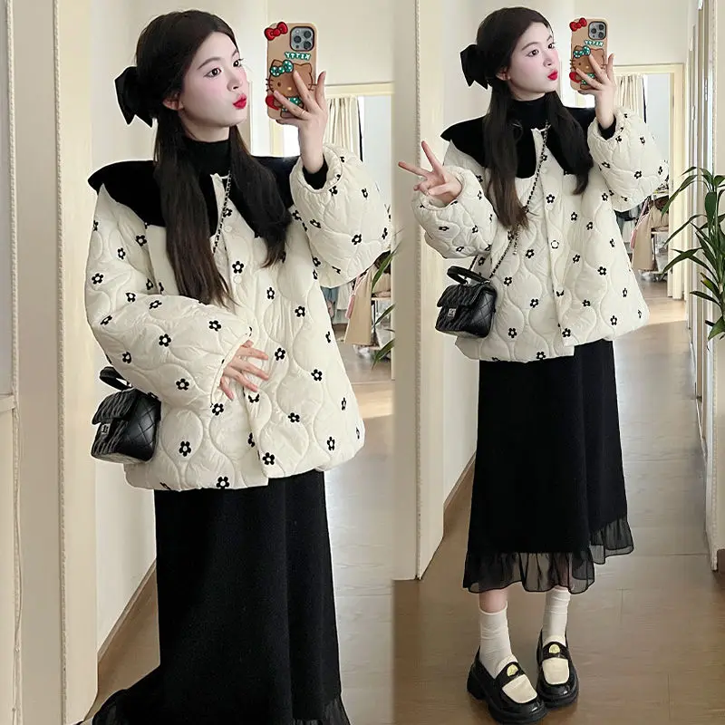 Korean Style Fashion Sweet Doll Collar Cotton Jackets for Women Autumn Winter Vintage Elegant Loose Casual Floral Printed Coats