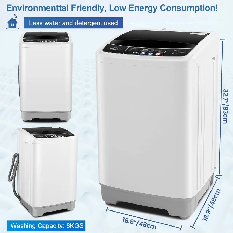Portable Washing Machine 17.8Lbs Capacity with Drain Pump 2.4Cu.ft Full-Automatic Compact Washer Featuring 10 Wash Programs and