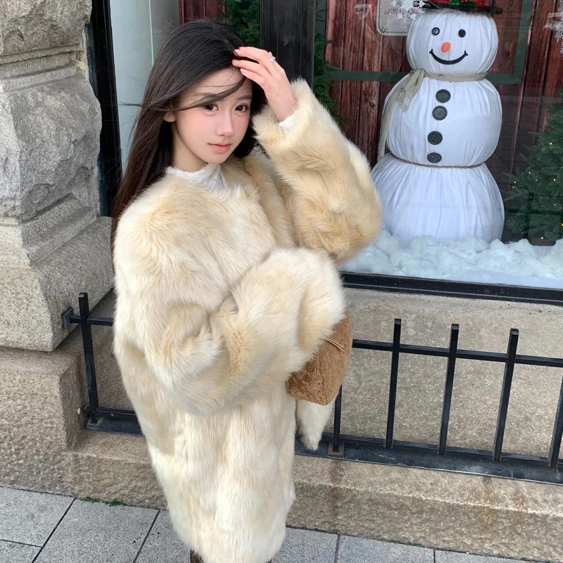 

Solid Color Casual Faux Fur Coat For Women Round Neck Thick Mid Length Cardigan Coats 2025 Winter New Tide