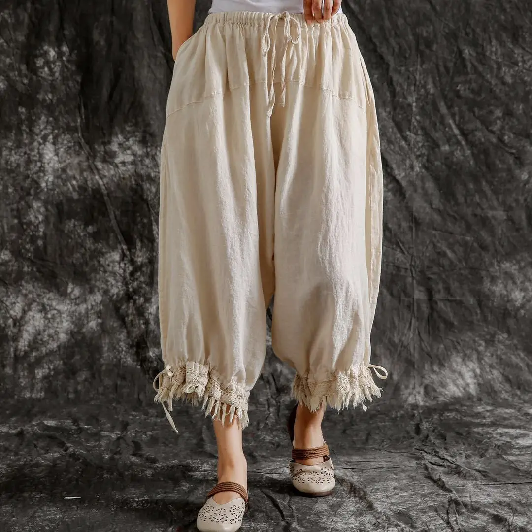 Johnature New Casual Vintage Cotton Linen  Ankle-length Harem Pants 2025 Summer Solid Color Tassel Pockets Women Pants