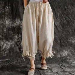 Johnature New Casual Vintage Cotton Linen  Ankle-length Harem Pants 2024 Summer Solid Color Tassel Pockets Women Pants