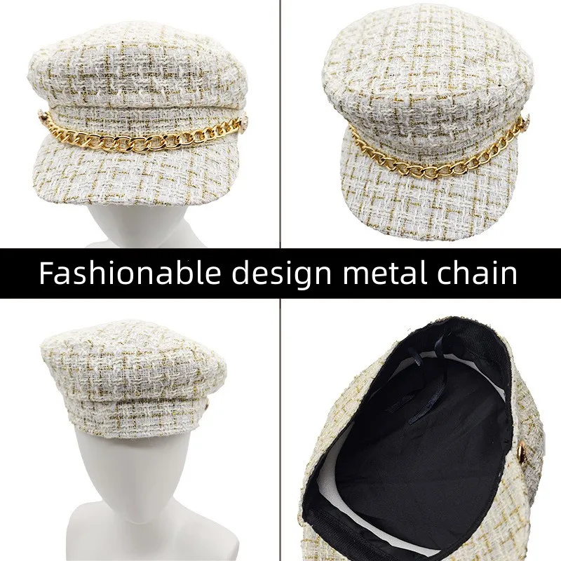 Gorro feminino com corrente de metal decoração, luxo, inverno