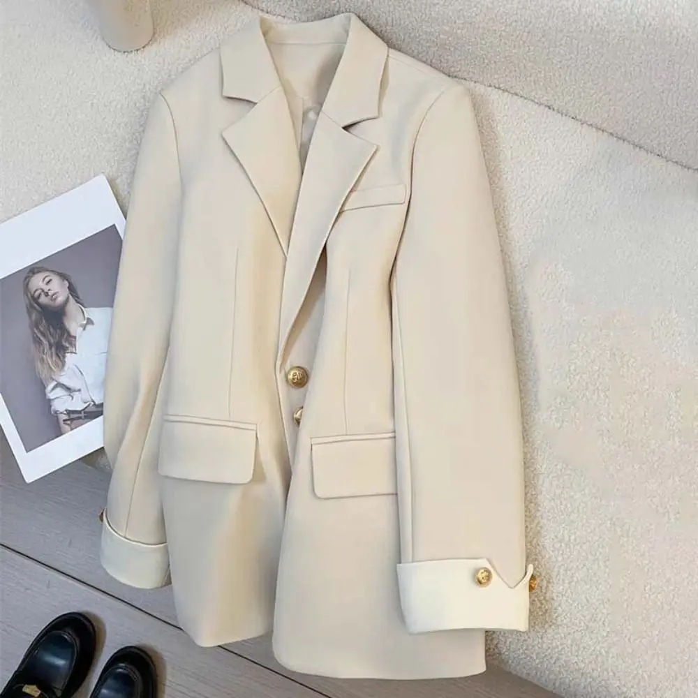 Single-breasted Vintage Suit Jacket Oversized Autumn Spring Notched Coat Women Korean Style Long Sleeve