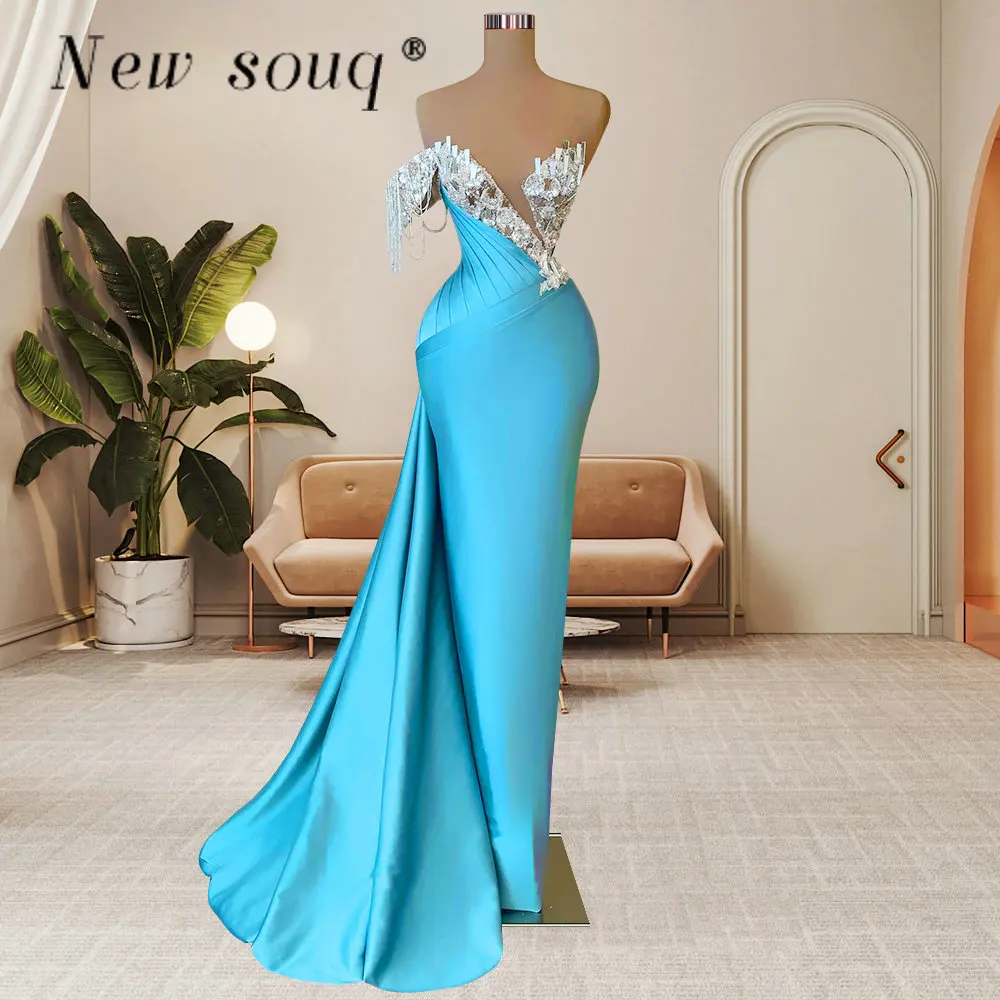 

Couture Blue Long Mermaid Evening Dresses Sparkly Tassel Pleated Prom Event Party Gowns Formal Night Satin Women Outifts