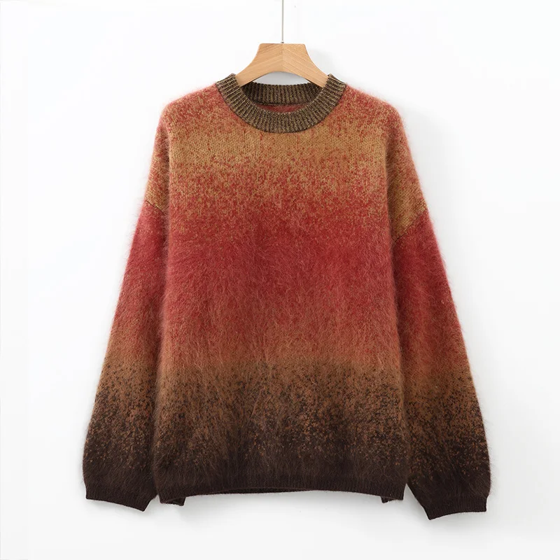 Women's Cashmere Sweater Plush Gradient Color Round Neck Knitted Sweater Loose Autumn Winter New Style Thick Pullover Sweaternew