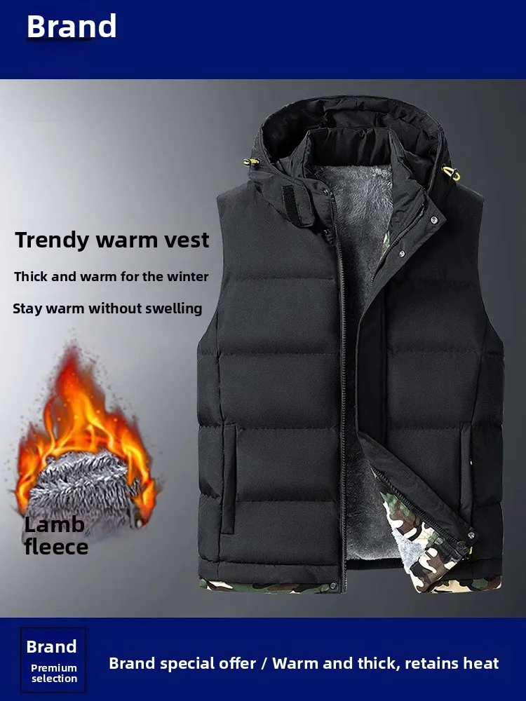 

Модный зимний мужской жилет из овечьей шерсти с капюшоном, очень теплый, стильный, приталенный, из полиэстера, для повседневных случаев