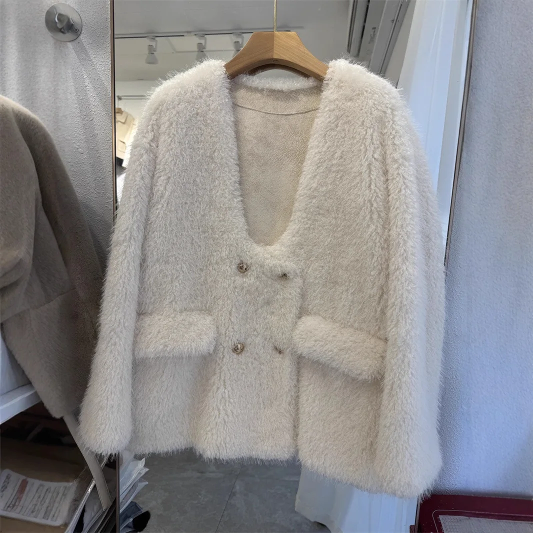 ファイオナブル・ティエンエド・レザー・ファー・インティネイテッド・コート・ウィメンズ・Vネック・ミドル丈・人工シープ・シザーズ・ベルベット・ジャケット