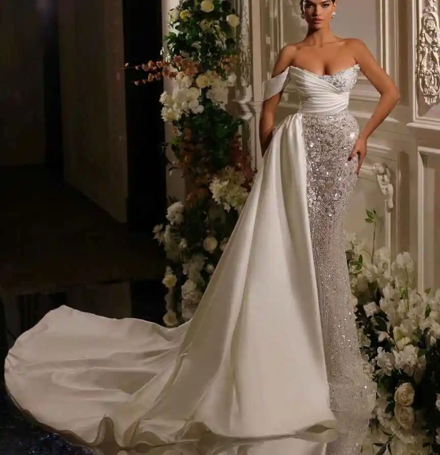 Graceful Wedding Dresses Mermaid Off Shoulder Sleeveless Floor-Length Detachable Train Princess Bride Wedding Dress Custom Made