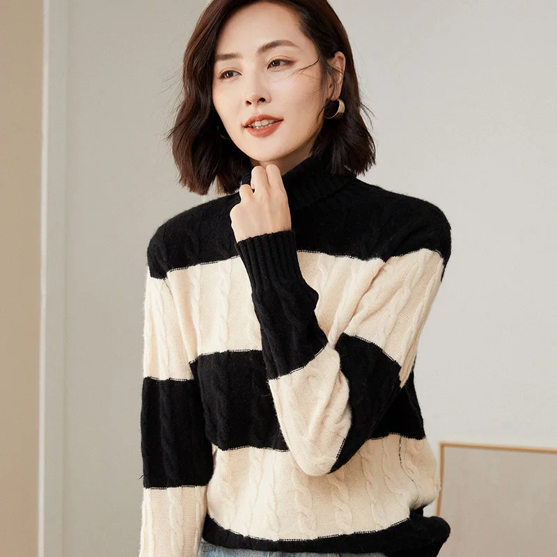 

Autumn Winter New Women's High Neck Sweater 100% Pure Woolen Shirt Loose Color Contrast Twisted Short Pullover Undercoat