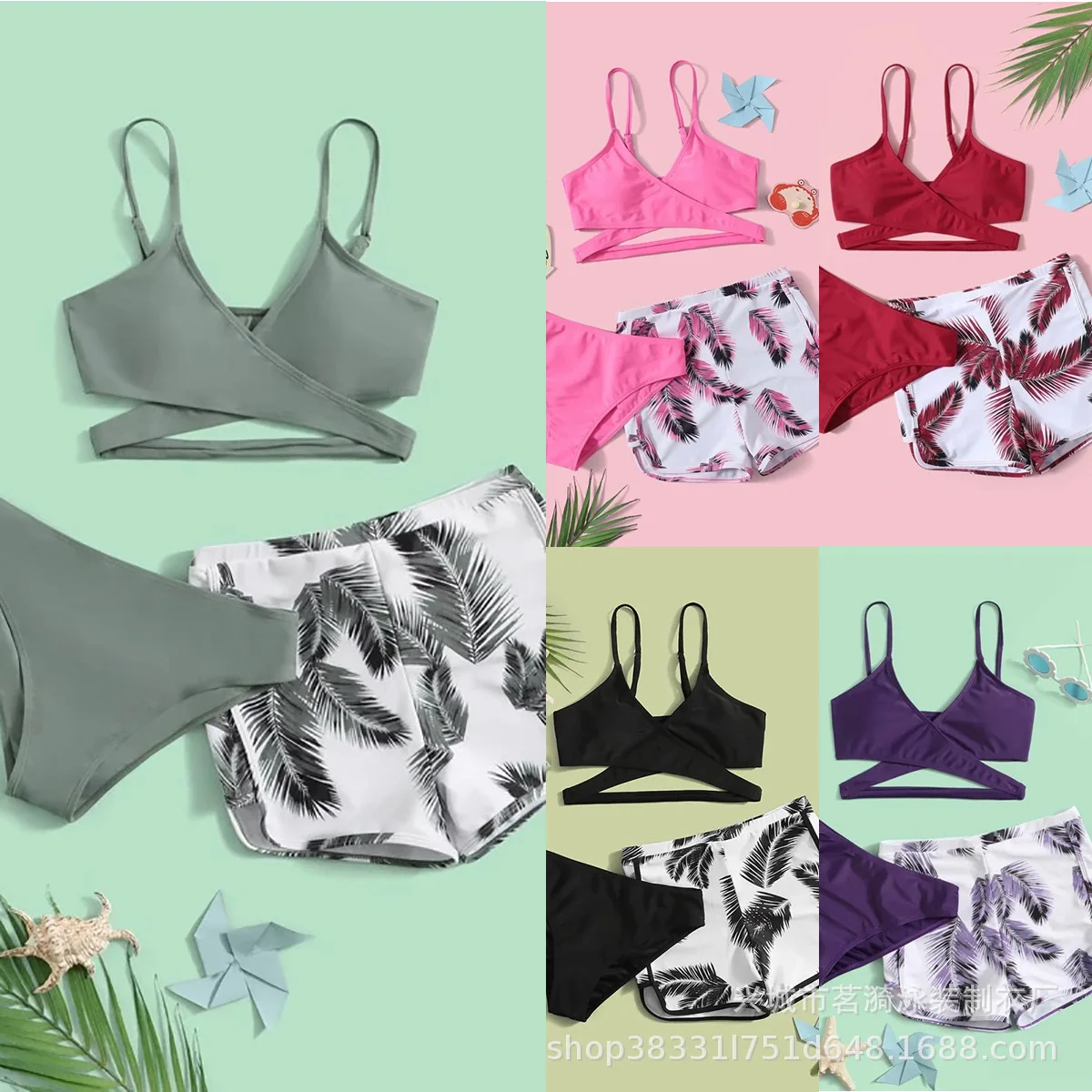 

Купальник женский, европейский и американский стиль, сексуальное бикини, разноцветный, с перьевым узором, двойные штаны, комплект из трех предметов, женский.