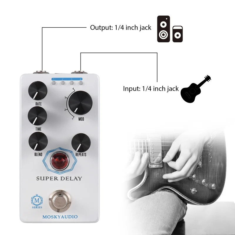 MOSKYAUDIO SUPER DELAY Guitar Delay Effect Pedal Blend/Time/Rate/Repeat/4-Mode Knob 9V 6.35mm Input/Output Interface True Bypass