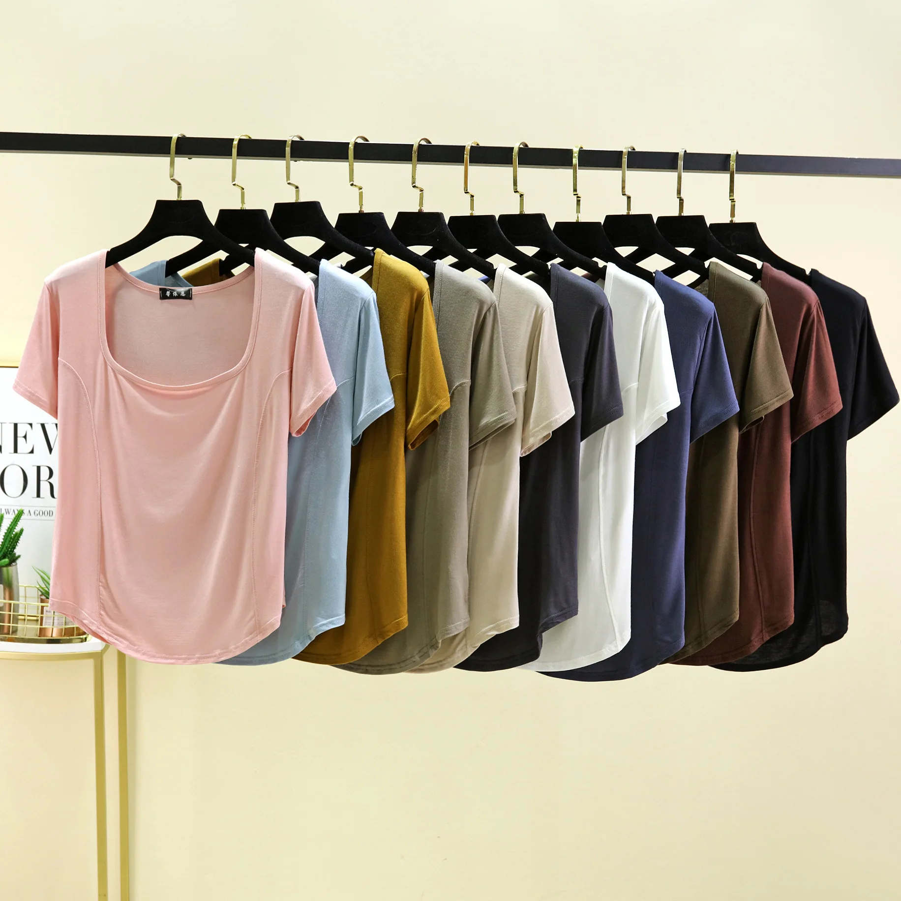 

Simple Modal Tshirts Square Collar short sleeves Summer women's T-shirt solid color Base Tee Tops arc hem All match Top