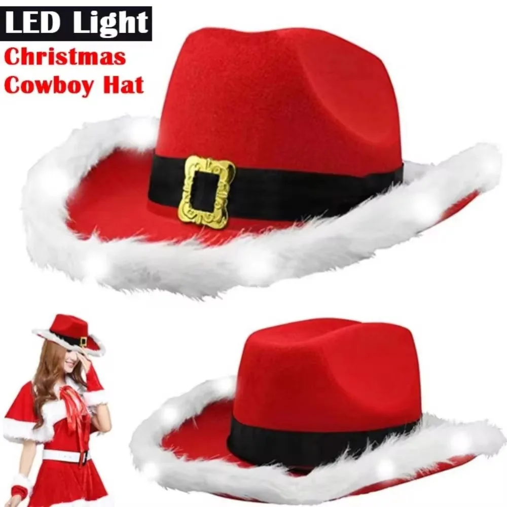 Fashion Christmas Cowboy Hats LED Luminous Red Velvet And White Feather Santa Hat Women Girls Cosplay Tiara New Year Party Decor