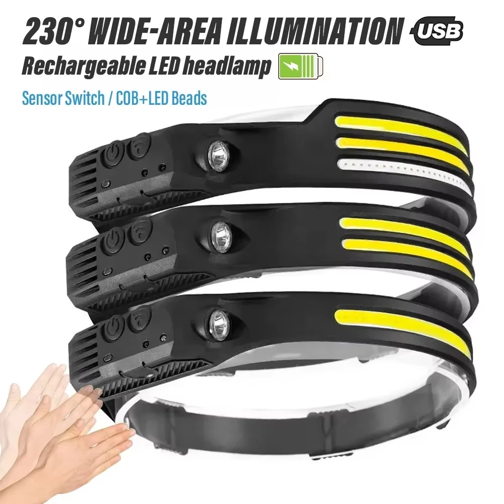 USB Rechargeable COB LED Induction Headlamp With 1200mAh Built-in Battery Head Flashlight Outdoor Camping Fishing Head Lantern