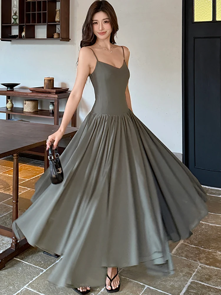 ฤดูร้อนPatchworkจีบA-Lineชุดยาวผู้หญิงสบายๆชุดสลิง 2025 เกาหลีVINTAGE Bodycon Luxury Nightชุด