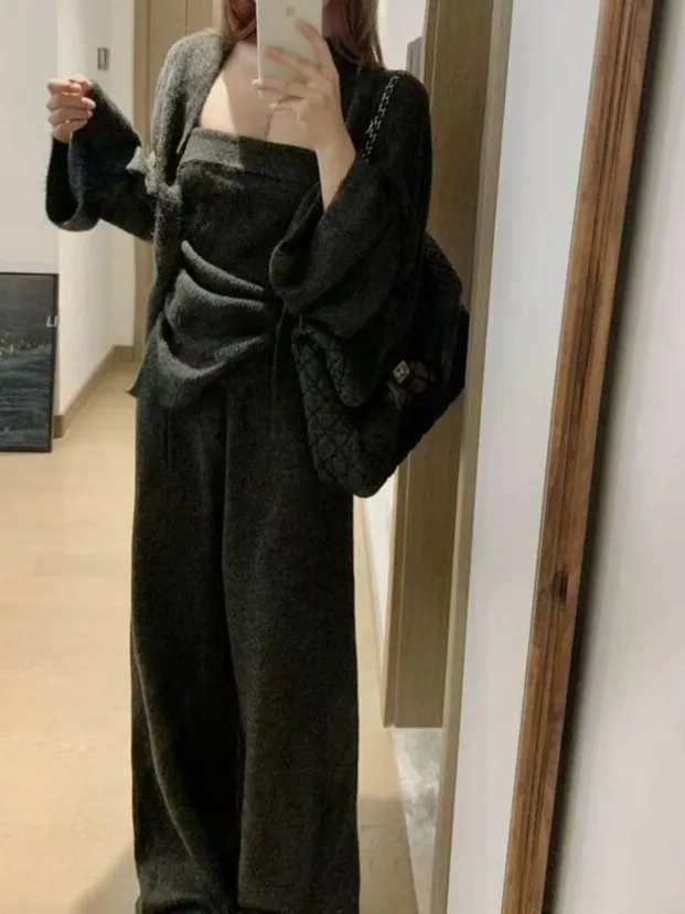 Setelan Sweater Overcoat Ele Loose Faion Wanita dengan Atasan Tube Top, Celana Kasual, dan Kaos, Cocok untuk Musim Gugur untuk Dewasa