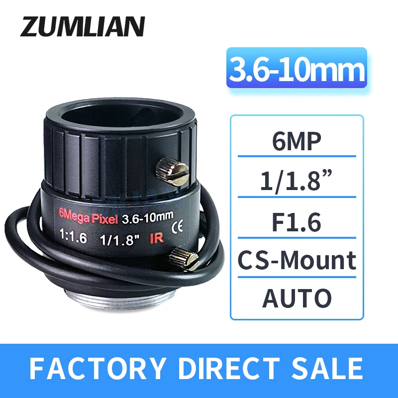 ZUMLIAN 3.6-10mm Varifocal Lens for CCTV Camera 1/1.8'' CS-Mount 6MP Auto Iris Wide-angle Lens F1.6 Surveillance Security Camera