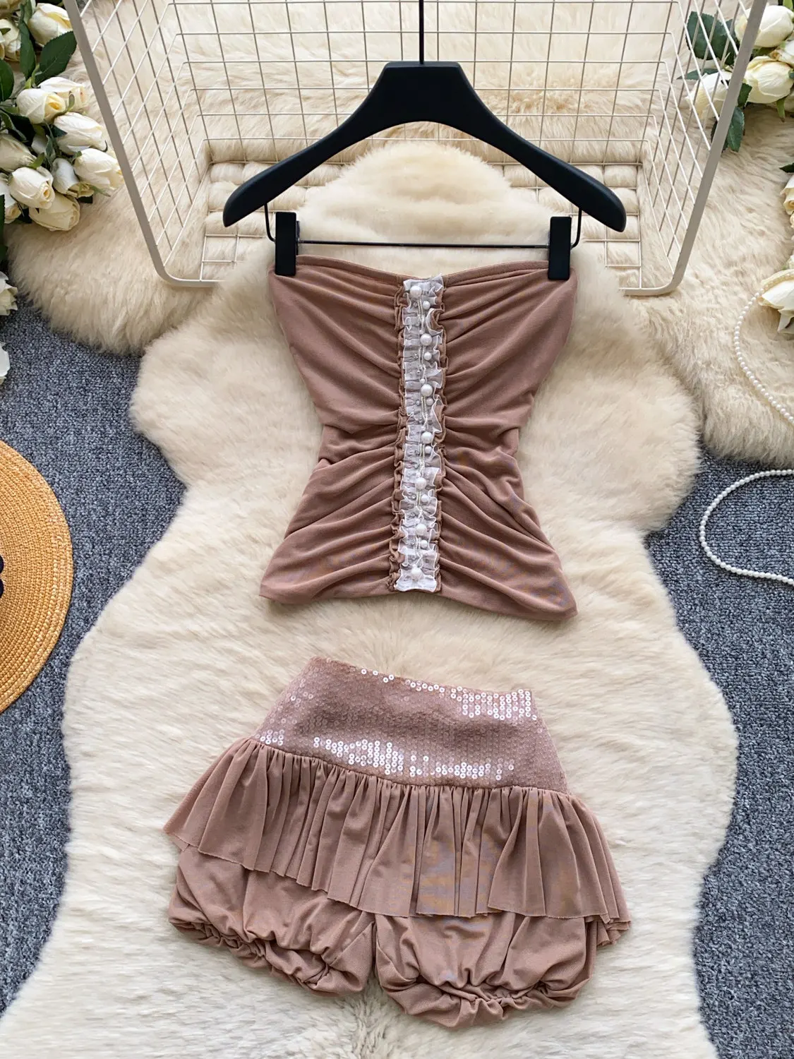 

Women's Khaki Bandeau Top Sequin Mini Shorts Skirt Two Piece Set Elegant Off Shoulder Bandeau Top Skirt Outfit for Women Summer