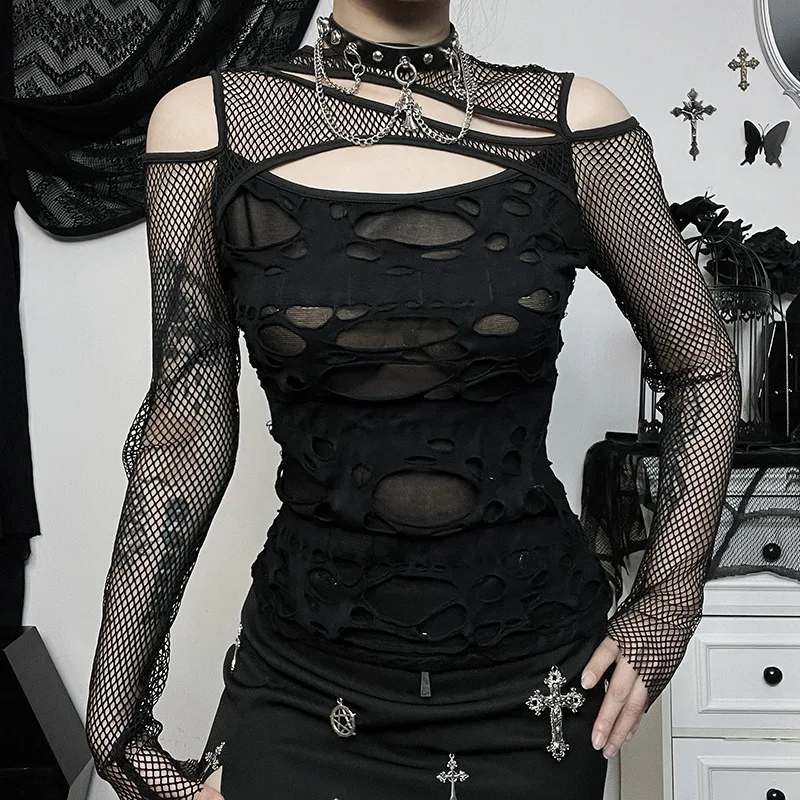 ISAROSE Black Punk T-shirt for Women Asymmetrical Shoulder See-through Fishnet Long Sleeves Hollow Out Gothic Spring Summer Tops