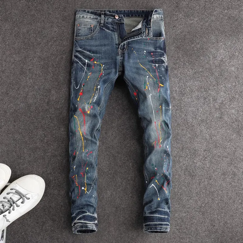 Moda urbana, pantalones vaqueros para Hombre, pantalones vaqueros rasgados ajustados elásticos azules lavados Retro, pantalones vaqueros Vintage de Hip Hop de diseñador pintados para Hombre