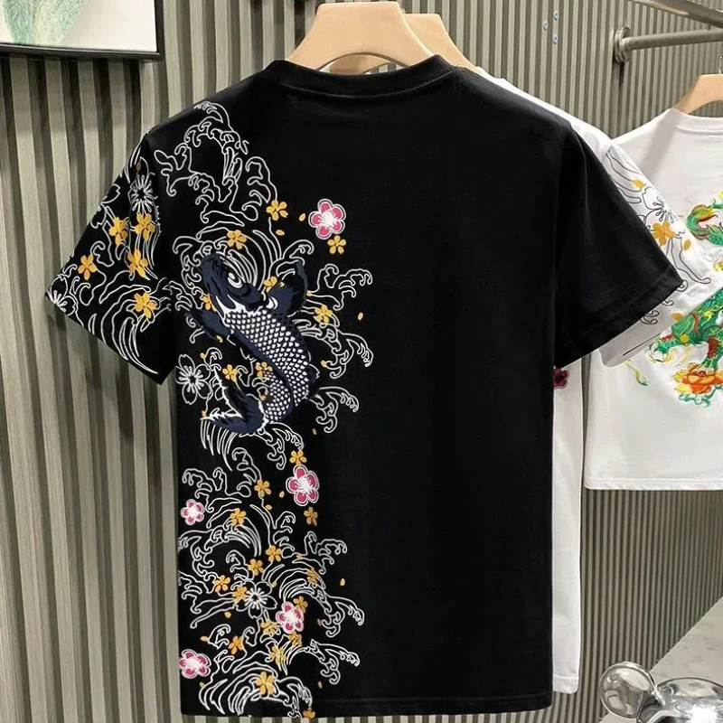 Chinese Style Trend Fashion Thin Summer T-Shirts Men O-Neck Carp Embroidered Short Sleeve Loose Pullovers Bottoming Shirt Tops