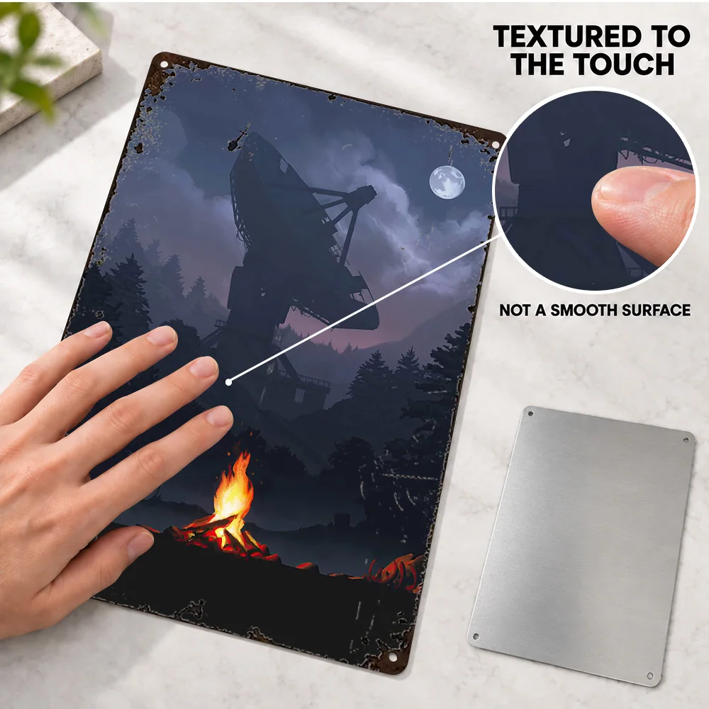 Campfire Under A Satellite Dish Aluminum Poster Customized Metal Sign Cinematic Digital Illustration Wall Art For Gaming Room