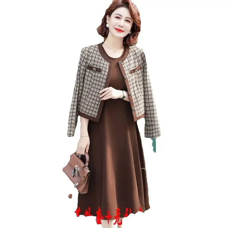 

High End Women's Short Fragrant Coat fashion Dress Set Mom 2025 Spring And Autumn New Temperament Dress Two-Piece Set Female