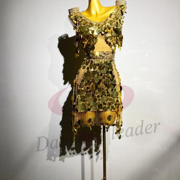 Sukienka do tańca latynoamerykańskiego dla dorosłych i dzieci, zdobiona kamieniami AB, ekskluzywna, szyta na miarę, złota spódnica z cekinami i frędzlami, precyzyjnie wykonana odzież damska do tanga.