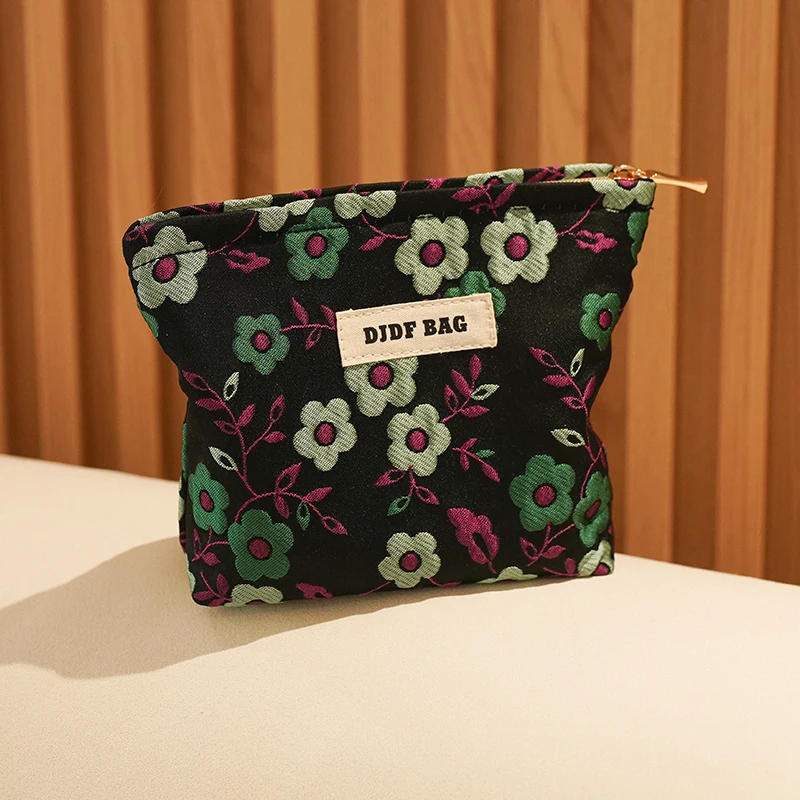 Women\'s Makeup Bag Small Black Flowers Large Capacity Cosmetic Canvas Storage Bag Portable Coin Purse Commuter Card Holder Ins