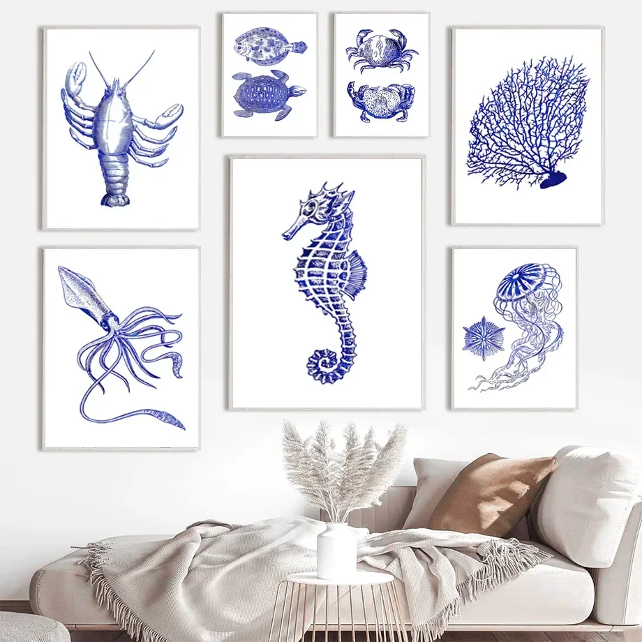 Seahorse Crab Starfish Lobster Turtle Conch Gallery Wall Art Print Canvas  Posters for Living Room Modern Home Decor