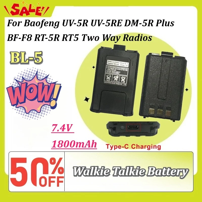 New Type-C Charger BL-5 7.4V 1800mAh Walkie Talkie Battery for Baofeng UV-5R UV-5RE DM-5R Plus BF-F8 RT-5R RT5 Two Way Radios