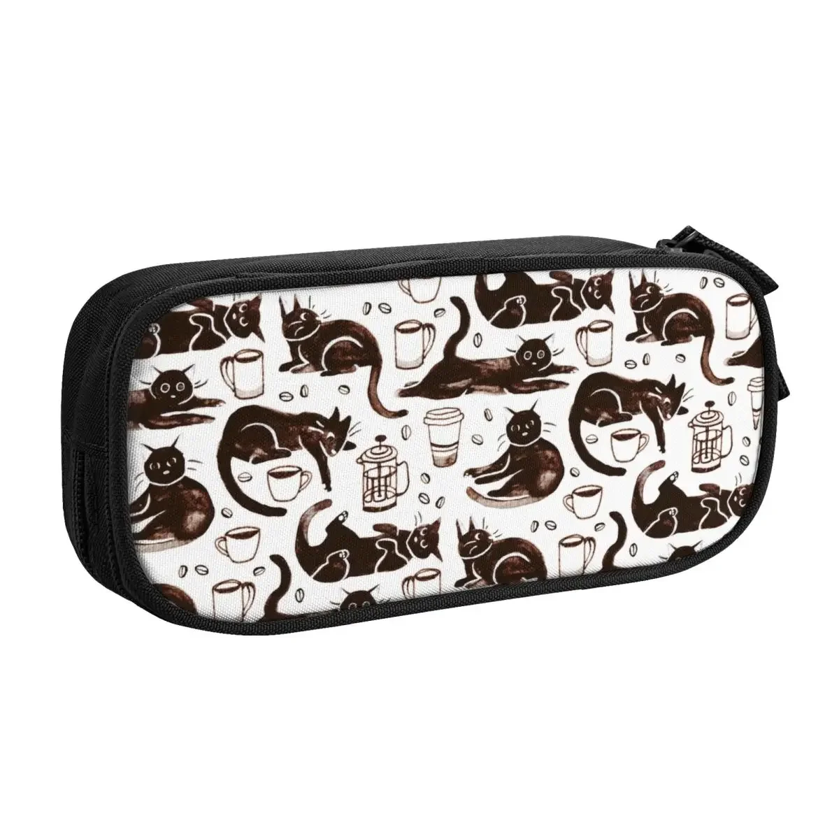 Custom Black Cats Coffee Pattern Kawaii Pencil Cases Girls Boys Large Capacity Cartoon Kitten Pencil Pouch School Accessories