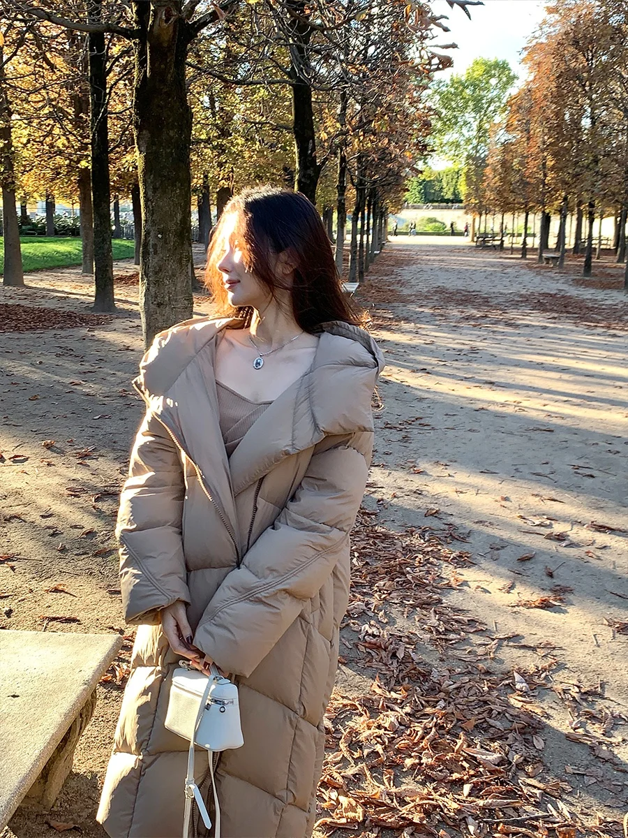 

Achi Large Quilted Du down Jaet Hooded Long Thi Warm Women's Coat White Du Feather 90% Fill Power Winter Outerwear