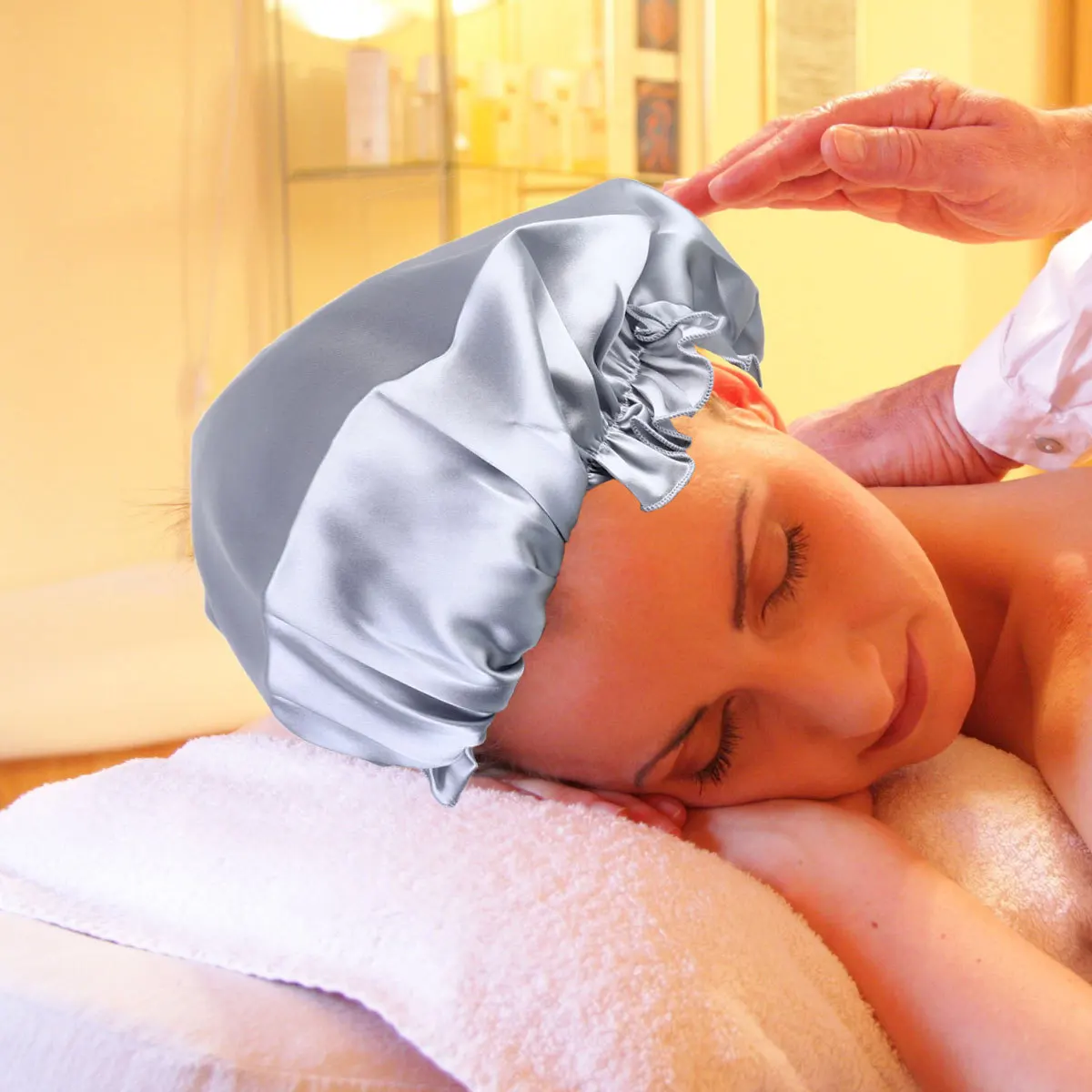 

1 шт., кружевная шапочка для сна для женщин, шелковая ночная шапка, защитный чепчик для волос, головной убор для беременных, химиотерапия, мягкая эластичная посадка, 56-58 см, серый