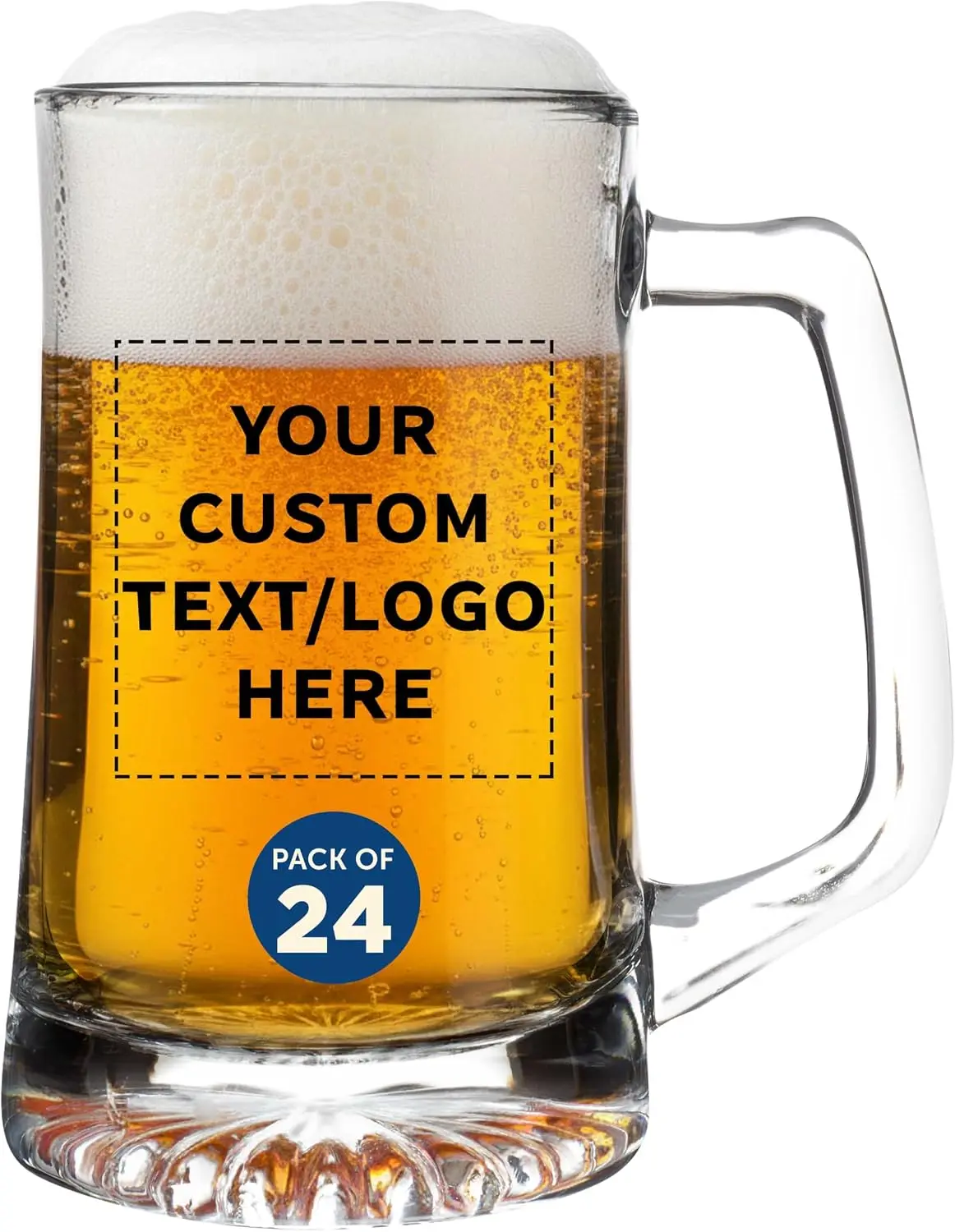 Custom ARC Glass Beer Mugs 25 oz. Set of 24, Personalized Bulk Pack - Great for Octoberfest, Pub, Restaurant - Clear