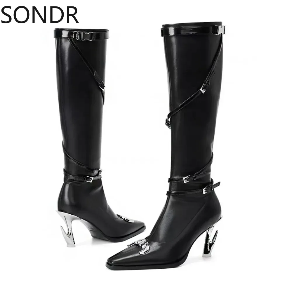 Womens Pointed Toe Metal Decor Knee Thigh High Boots Strange Irregular Heel Sexy Belt Buckle Shoes PU Leather Black   New 2024