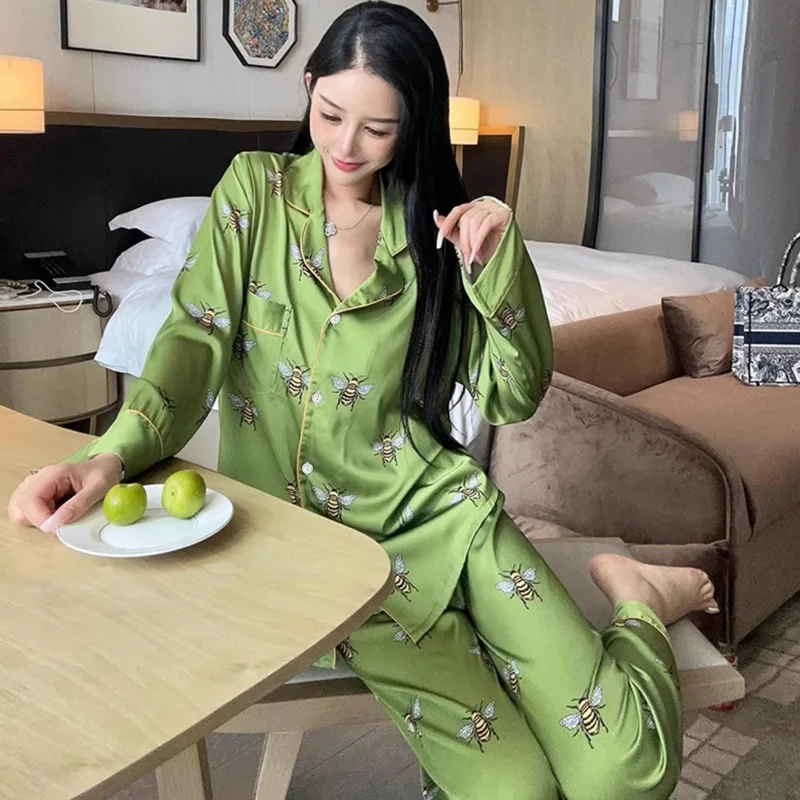 Bee Print Women\'s Pajamas Faux Silk Satin Lapel V-Neck Long Sleeve Pants Pyjamas Set Women Autumn Soft New Sleepwear Home Wear