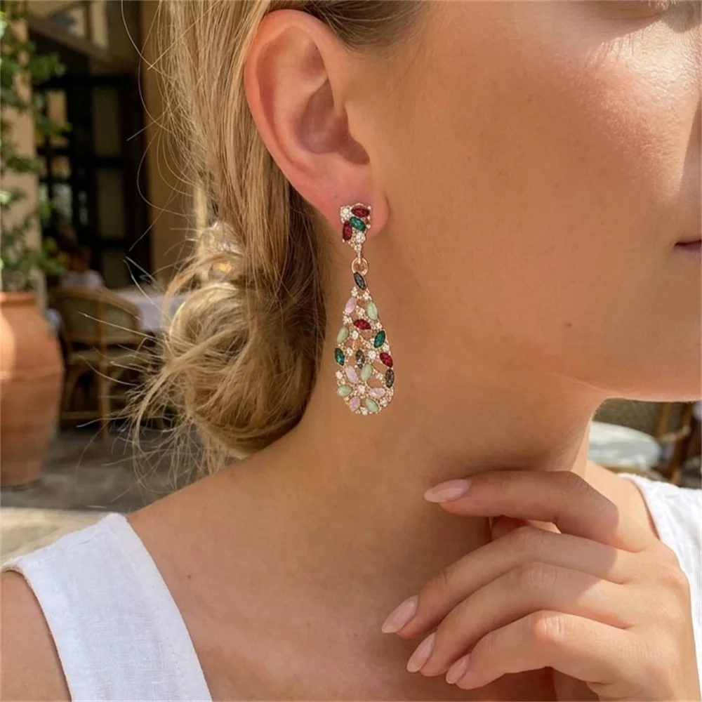 Gorgeous Gold Color Plating Colorful Gem Decorated Tear drop Earrings For Women Girl