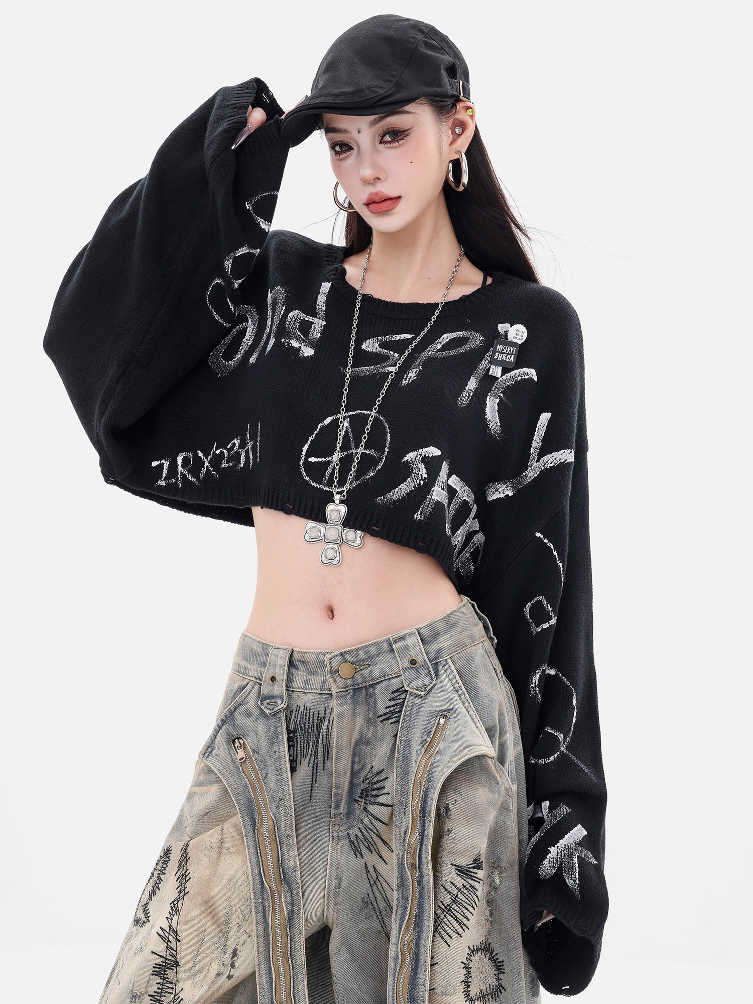 

Оригинальный женский вязаный свитер fiti Long Sve, свободный крой, повседневный, круглый, длина, топ с буквенным узором