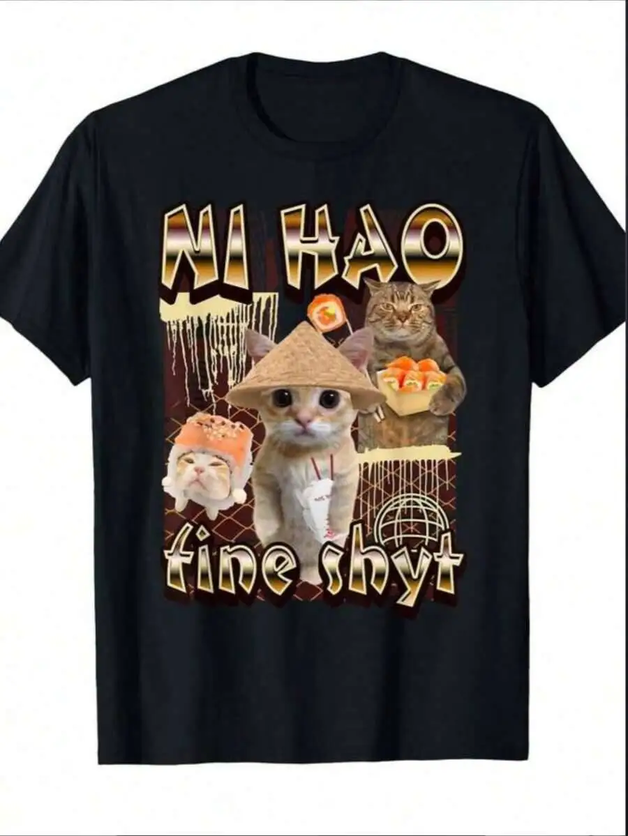 Men's Funny Gen Z Meme T-Shirt Chinese Characters Cute Cats In Hats Graphic Tee Regular Fit Crew Neck Shirt Everyday & Special