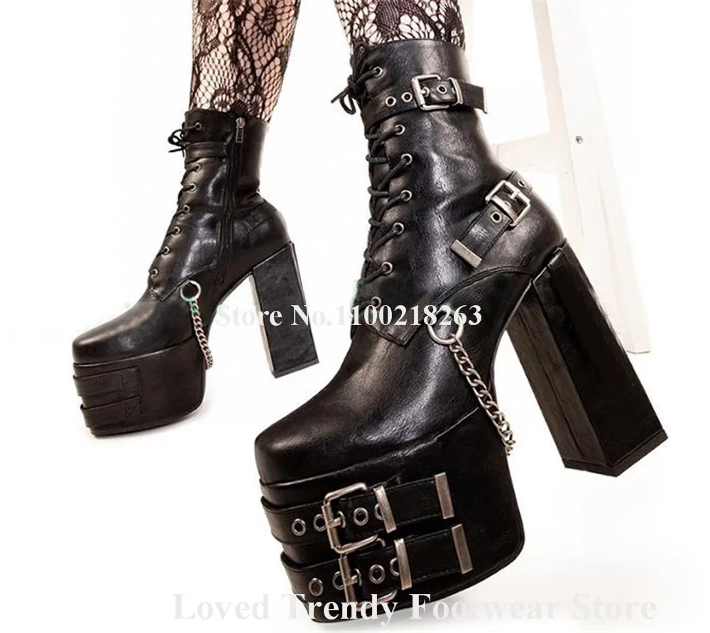 Sexy Black Matte Leather Metal Chains Chunky Heel Short Boots Round Toe Buckles High Platform Thick Heel Ankle Booties Big Size