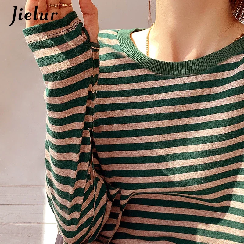 Jielur Green Blue Black Striped Long Sleeve T shirt Women Cotton Top Female Basic Bottoming Shirt Autumn T-shirts Gloves S-XL