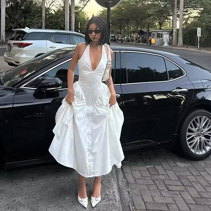 

Holiday Style Sexy Deep V-neck Halter Dress Female Summer Design Simple Solid Color Big Skirt